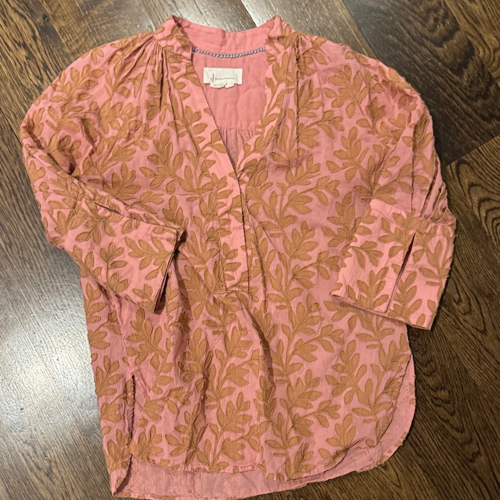Anthropologie Pink and Tan Leaf Blouse